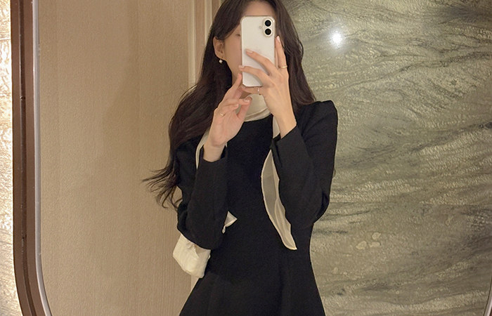 Feminine Scarf-Neck Tweed A-line Dress