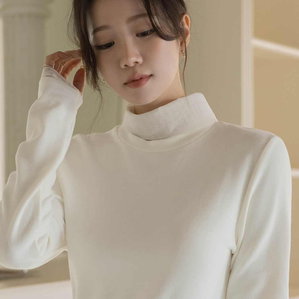 See-through layered Thick Fleece Turtleneck T-shirt