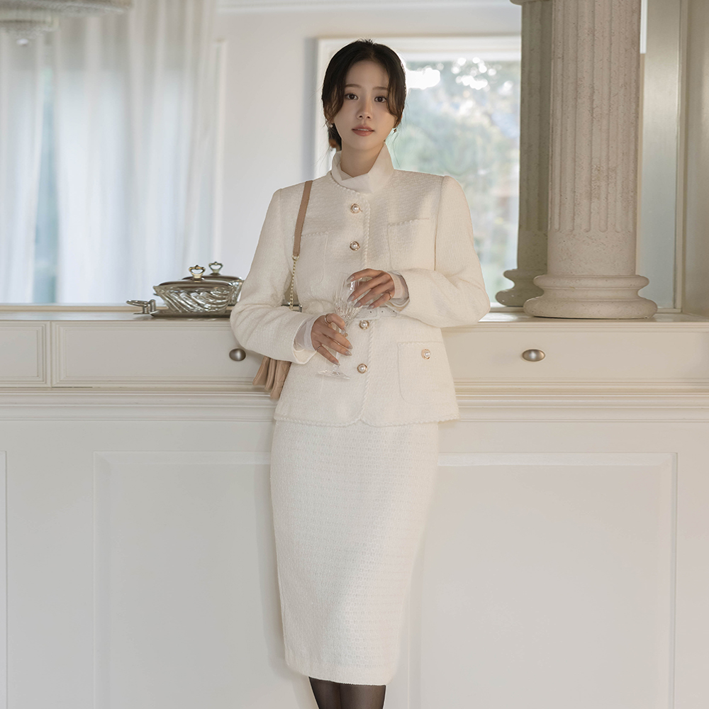 Shine Slim Line Wool Tweed Set-up Jacket(+Belt)