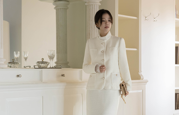 Shine Slim Line Wool Tweed Set-up Jacket(+Belt)