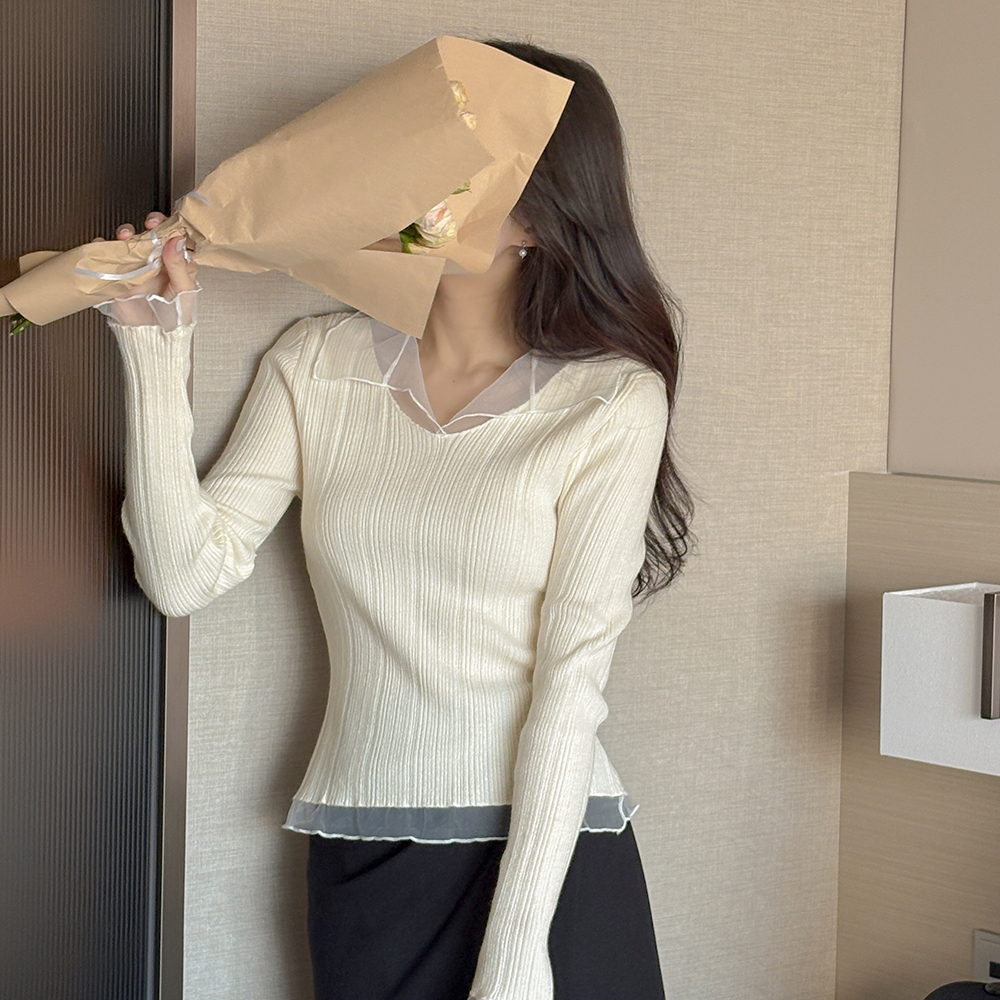 See-through Color Combination Collar slender Knit