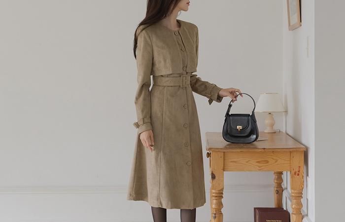 Suede Trench Style A-line Dress(+Belt)