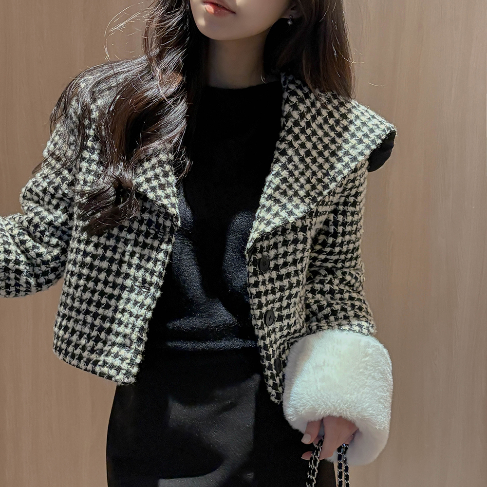 Sailor Collar Sleeves Fur Check Crop Quilting Jacket