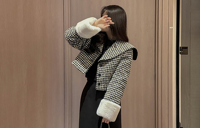 Sailor Collar Sleeves Fur Check Crop Quilting Jacket