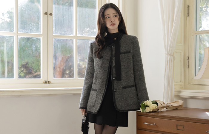 Bouclé Raund neck Quilting Wool Harp Jacket