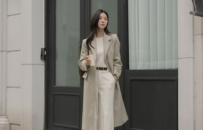Tailored collar Herringbone Wool Long Coat