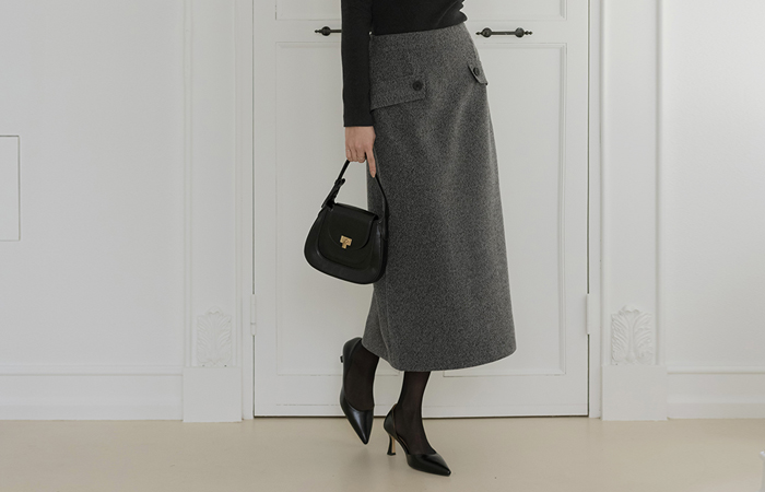 Fleece Pocket Back Banding H-line Long Skirt