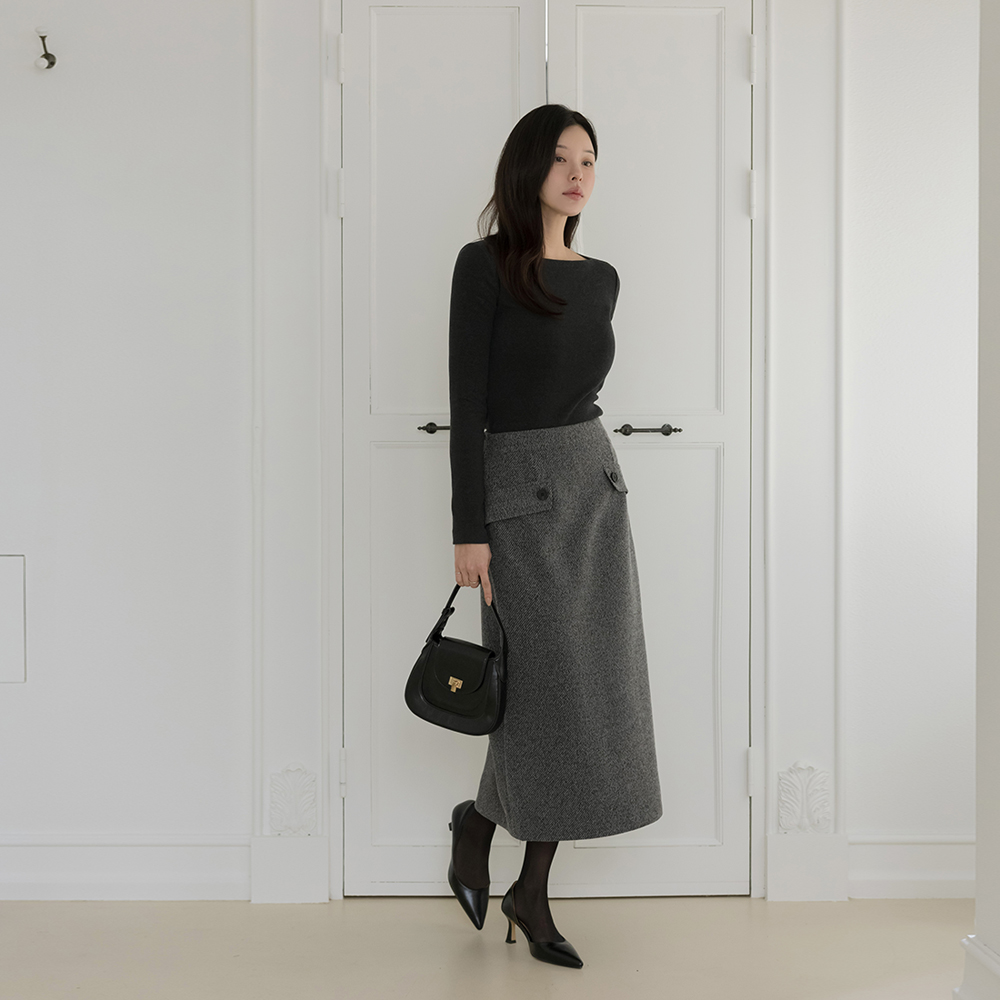 Fleece Pocket Back Banding H-line Long Skirt