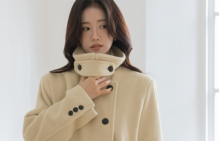 High-Neck Buckle Double-button Wool Long Coat(+Belt)