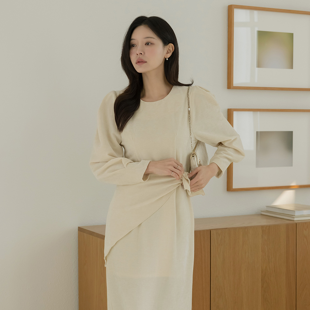 Velvet H-line Puff Long Dress(+Scarf)