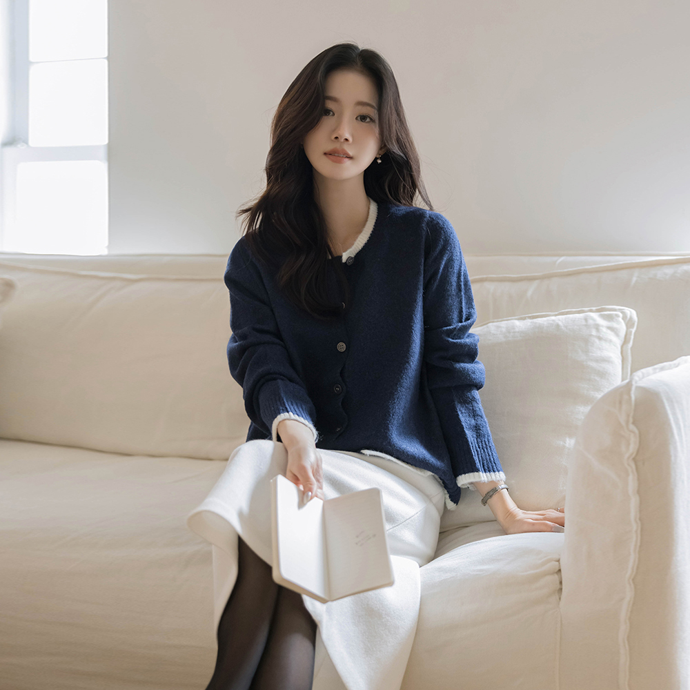 Wool Knit Sleeveless shirts&Color Combination Cardigan SET