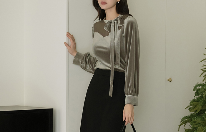 Ribbon neckline Velvet See-through Color Combination Blouse