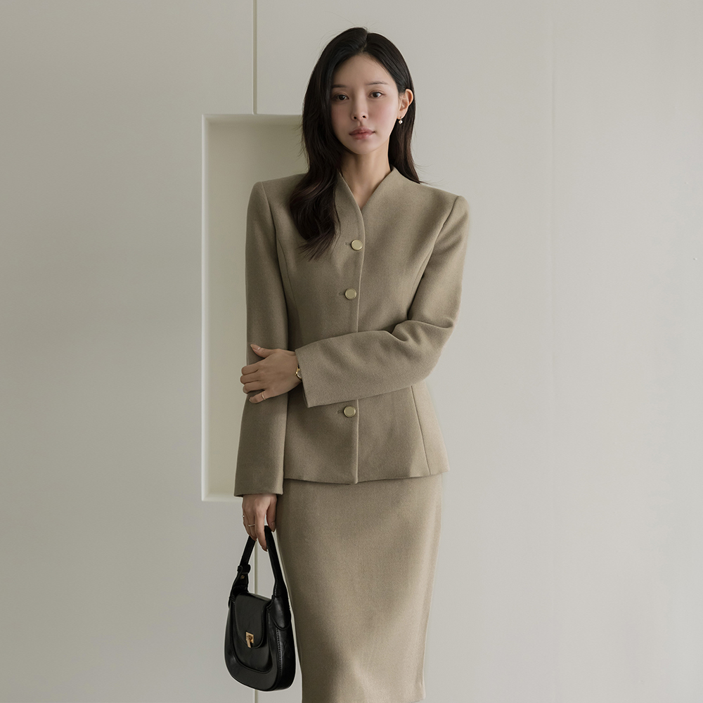 Wool No-collar Slim Line Set-up Jacket