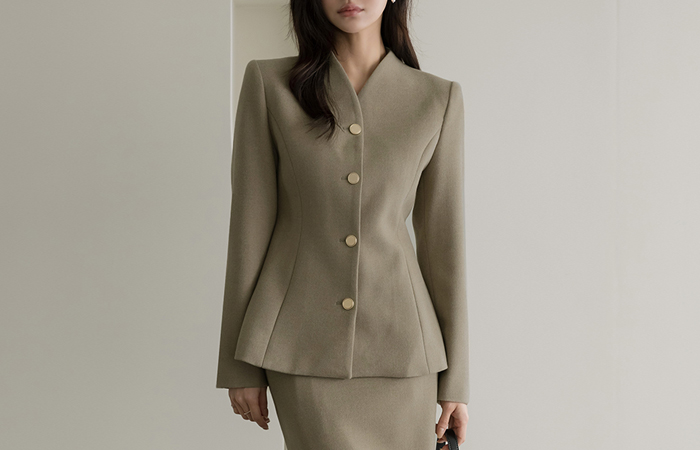 Wool No-collar Slim Line Set-up Jacket