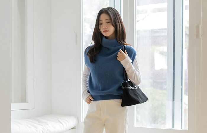 Wool100% High-Neck Knit Knit Vest