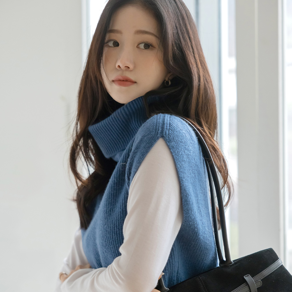 Wool100% High-Neck Knit Knit Vest