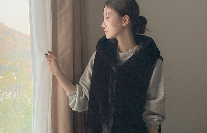 Eco Fur Hood Long Vest