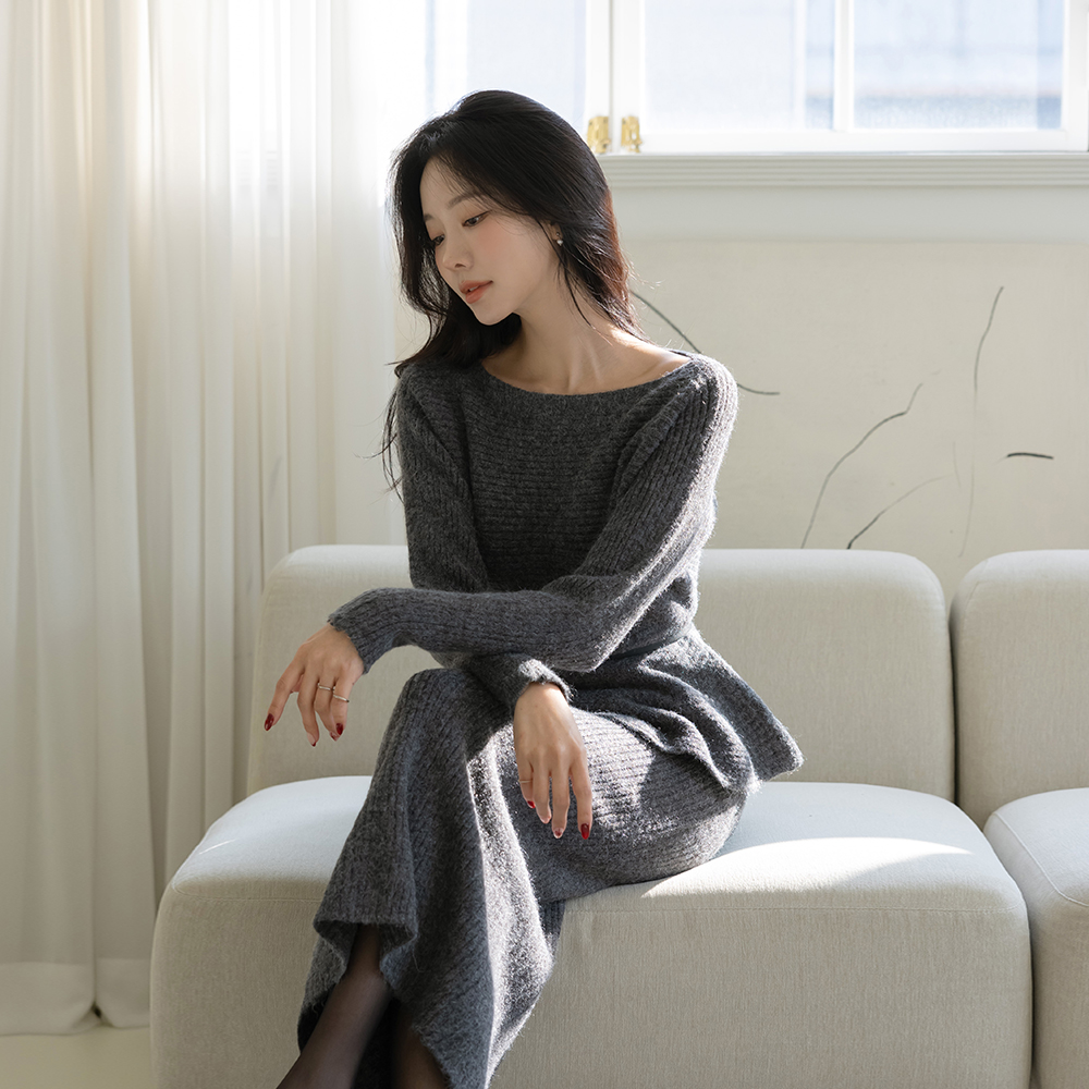 Boat Neck Peplum Knit&Skirt SET