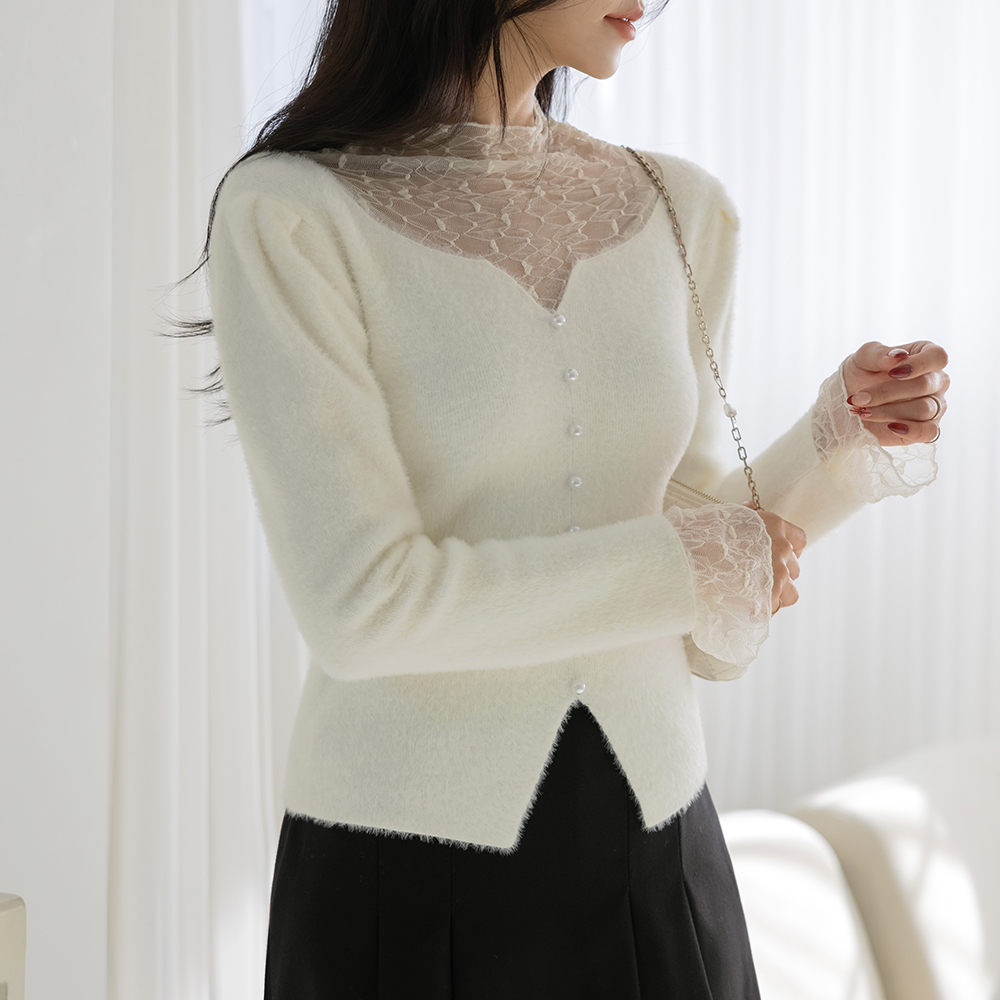 Lace layered Pearl fluffy Knit
