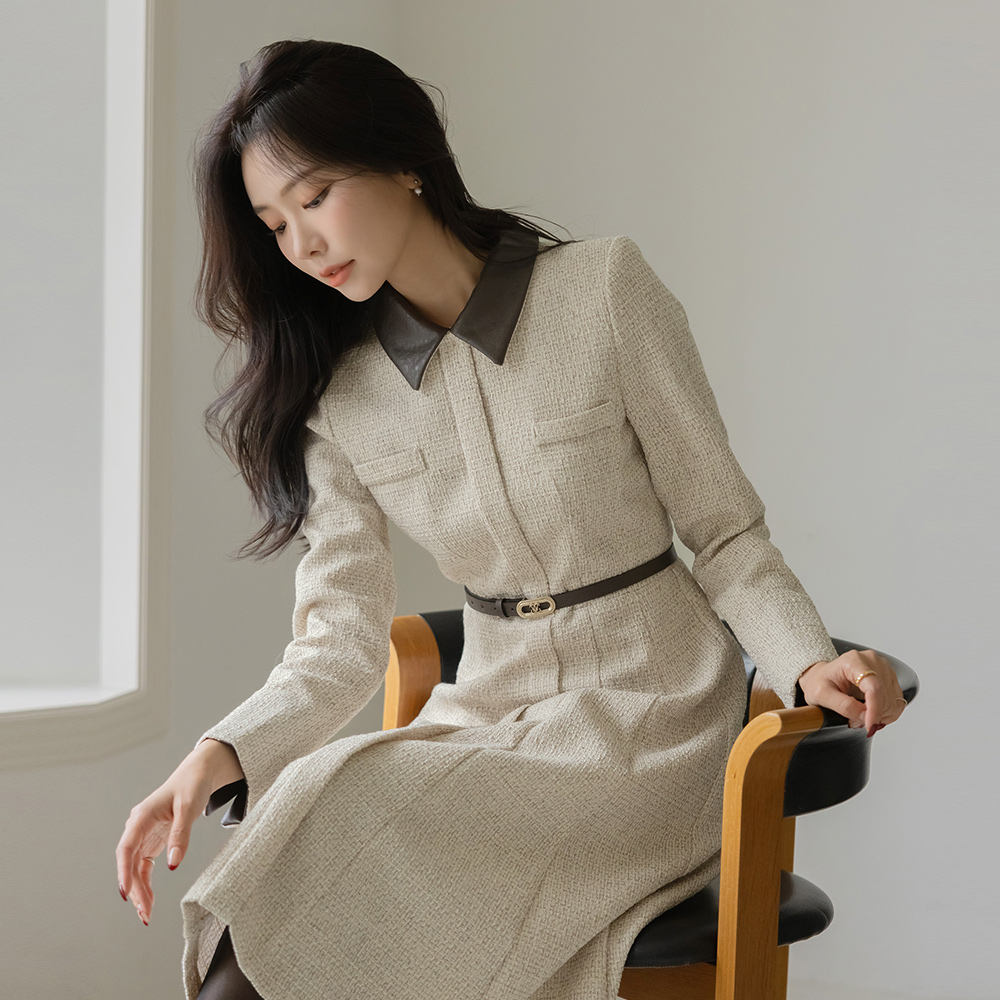 Leather Color Combination A-line Wool Tweed Dress(+Belt)