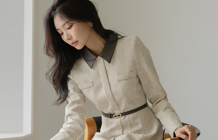 Leather Color Combination A-line Wool Tweed Dress(+Belt)
