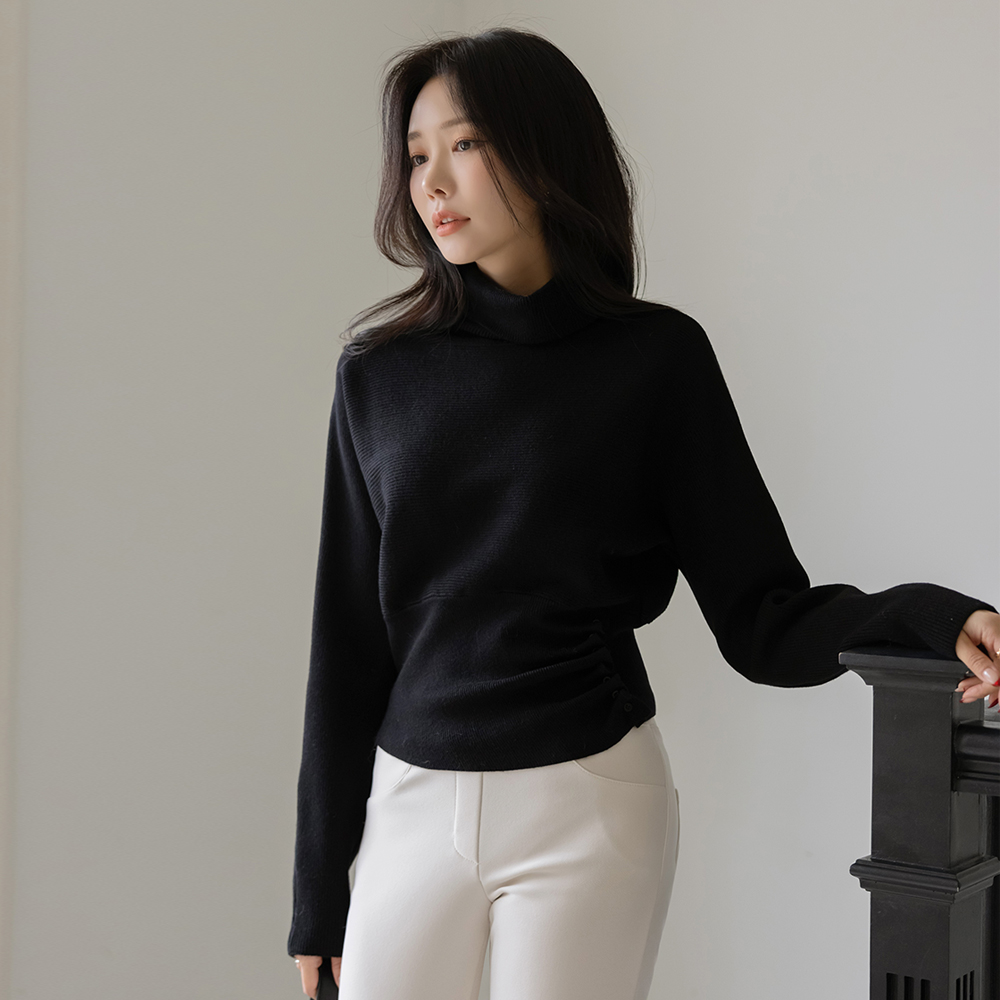 High-Neck Shirring Button Batwing Sleeve Wool Knit