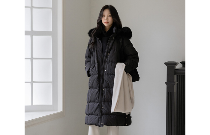 Duck Down 100% Real Fox fur Long-Padded Jumper(+Belt)