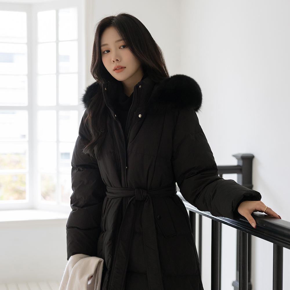 Duck Down 100% Real Fox fur Long-Padded Jumper(+Belt)