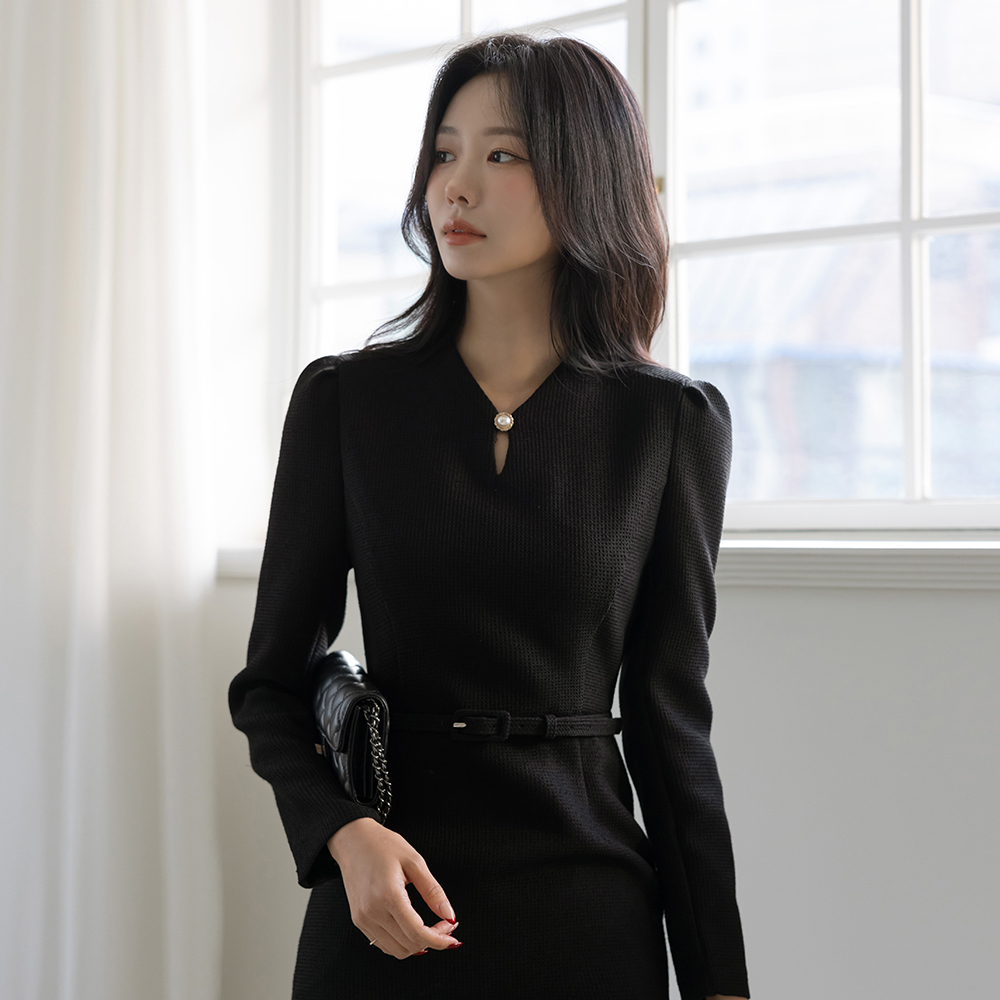 Pearl Tower Button Tweed H-line Dress(+Belt)
