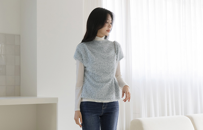 Bouclé Cap-Sleeves Wrinkle Blouse(+Belt)
