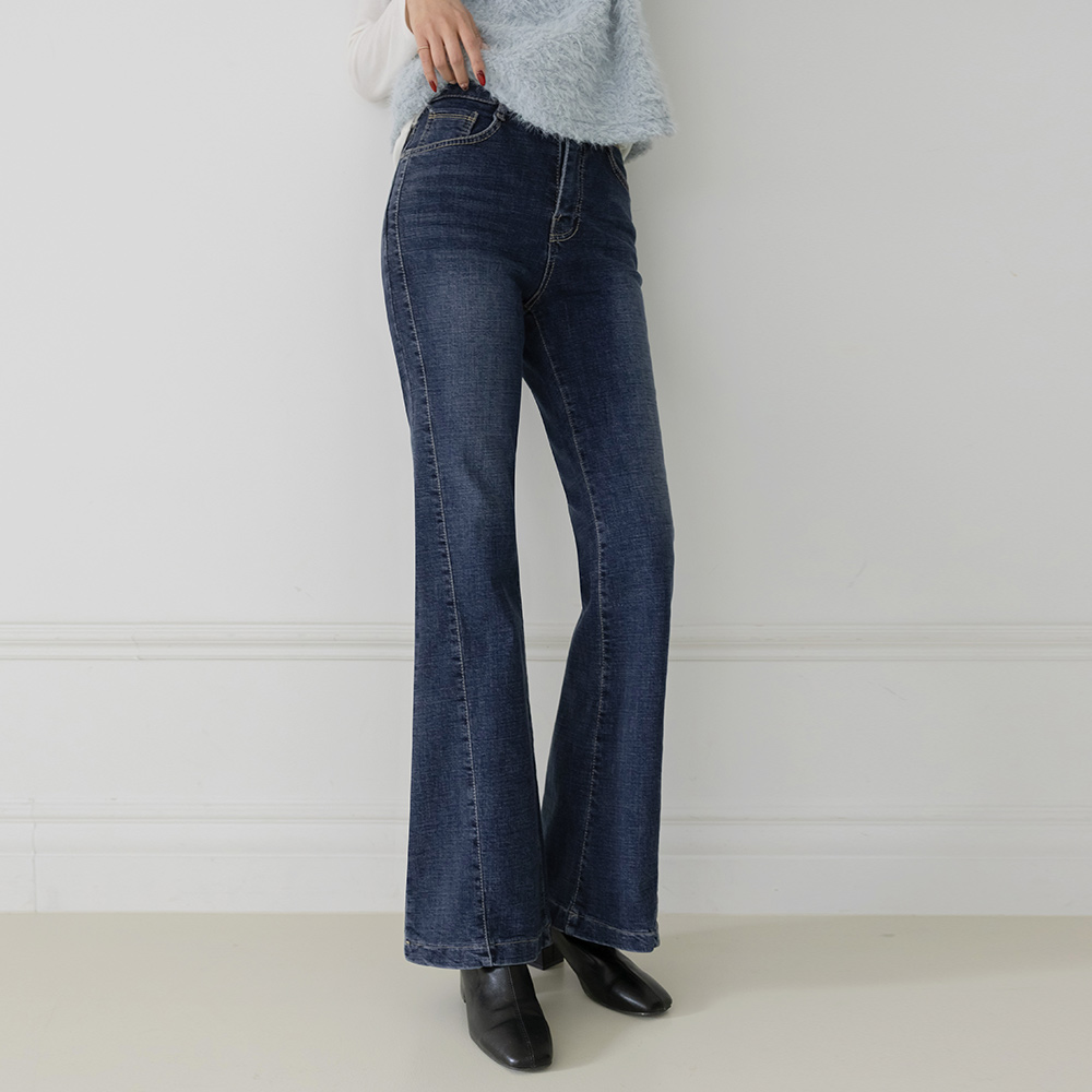 Cutting Line Boot-Cut Fleece Denim Pants