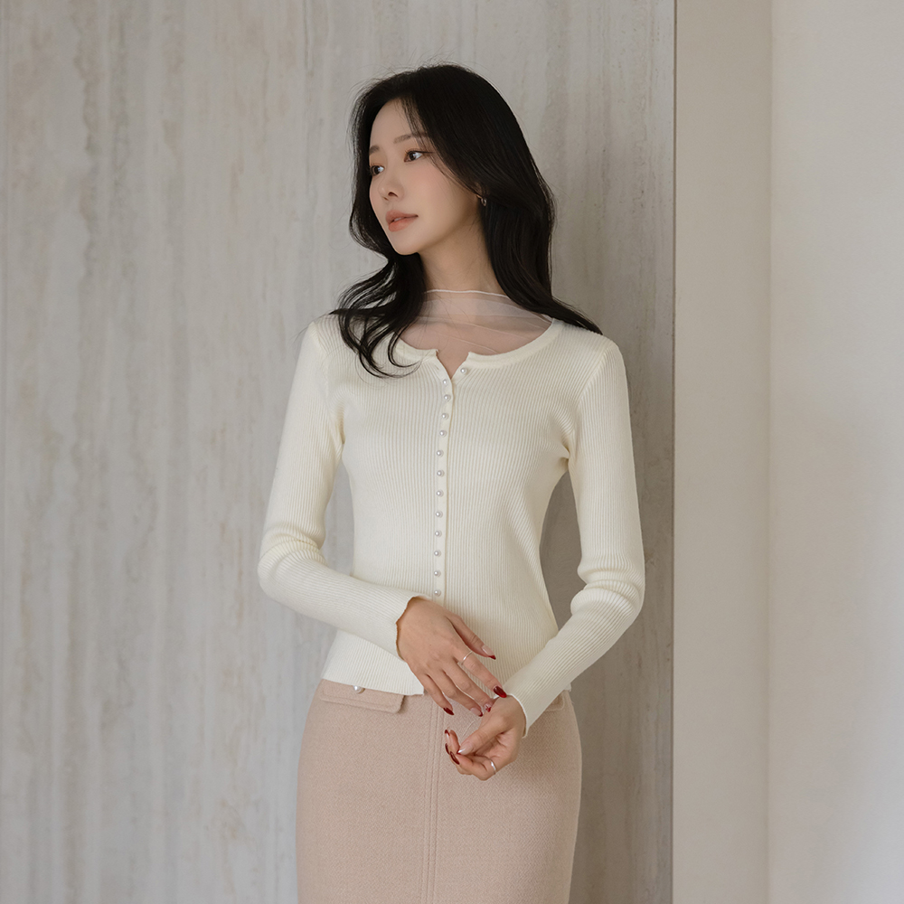 See-through layered Half-Highneck Pearl Corduroy Knit