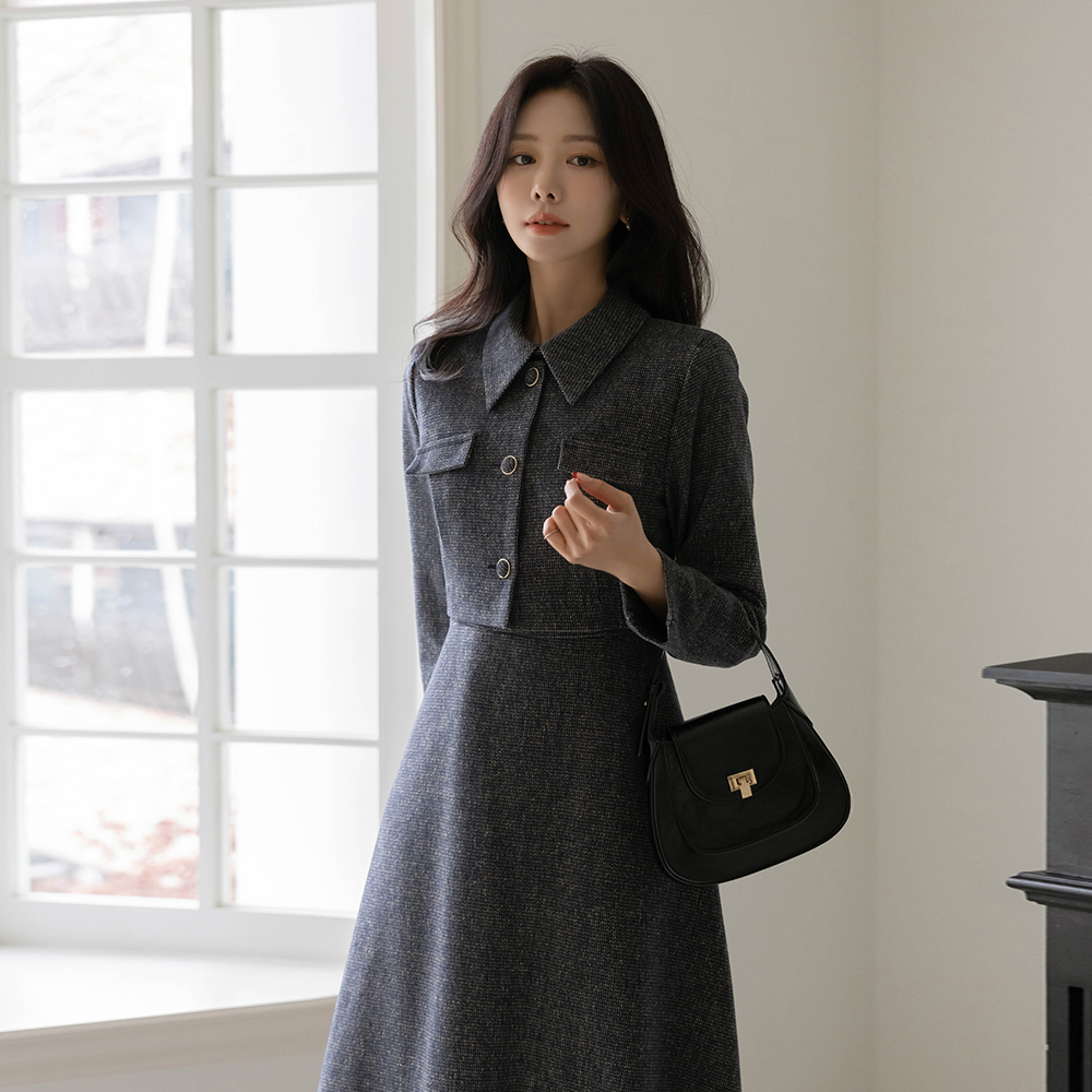 Wool Two-piece Style A-line Dress(+Scarf)