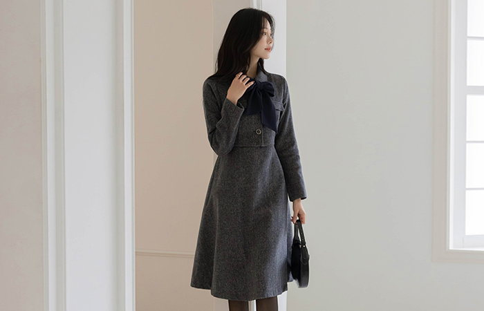 Wool Two-piece Style A-line Dress(+Scarf)