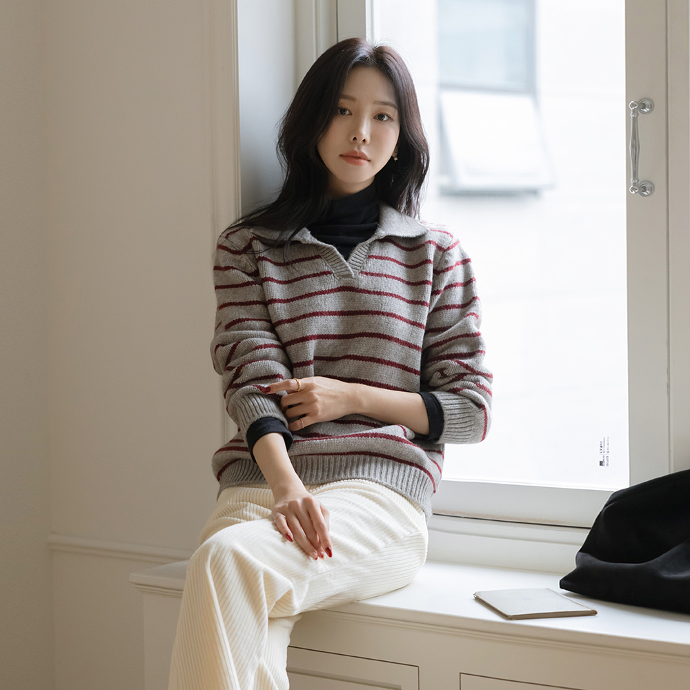 Thick Collar Cutting-Neck Wool Stripe Knit