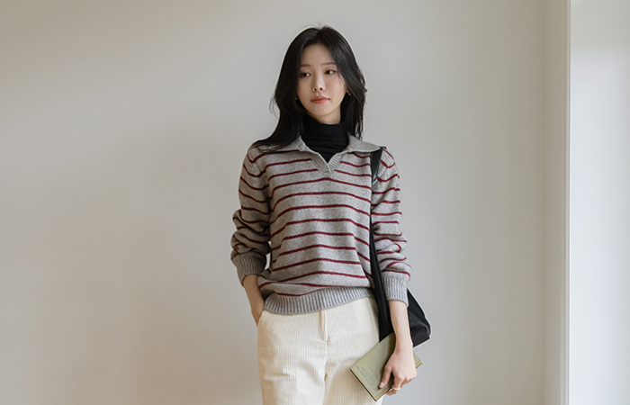 Thick Collar Cutting-Neck Wool Stripe Knit
