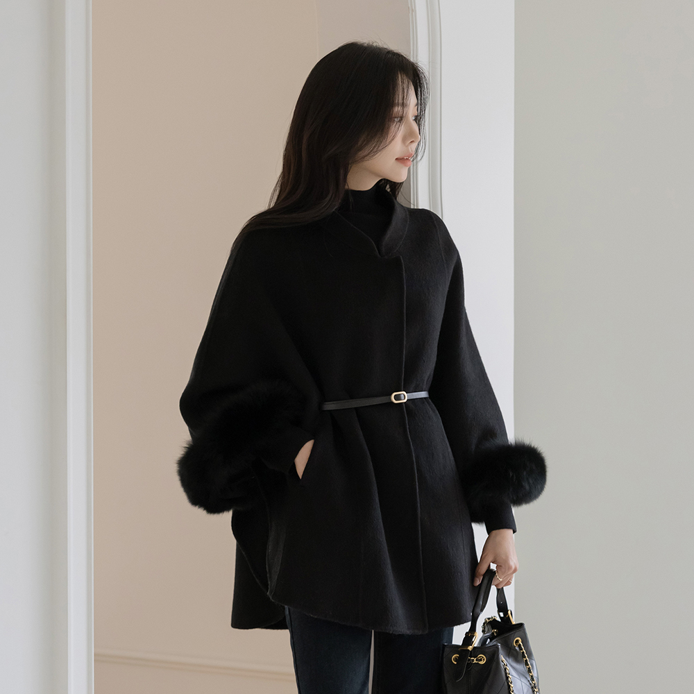 Real Fox fur Hand-Made Wool Cape(+Belt,muffler)