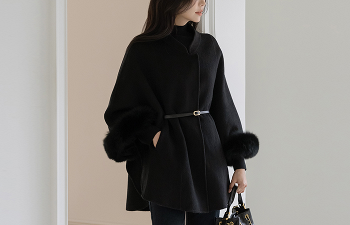 Real Fox fur Hand-Made Wool Cape(+Belt,muffler)