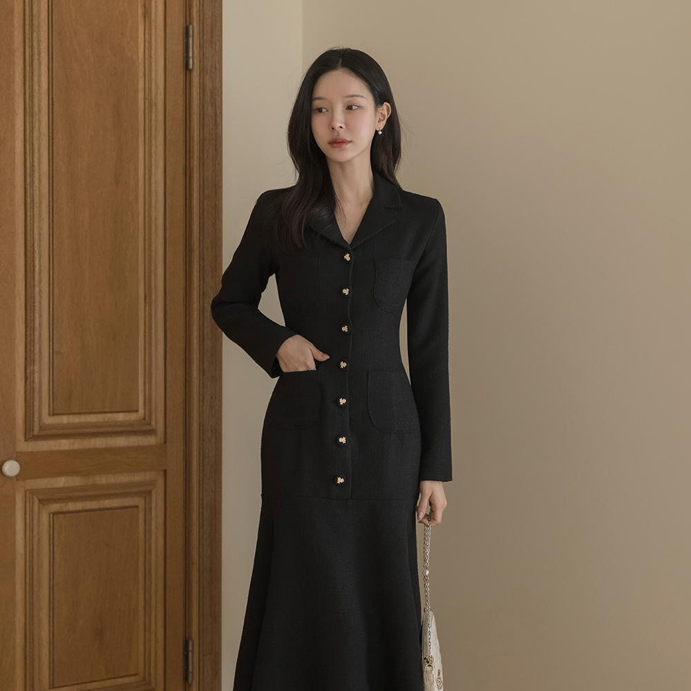 Tailored collar Mermaid Tweed Long Dress