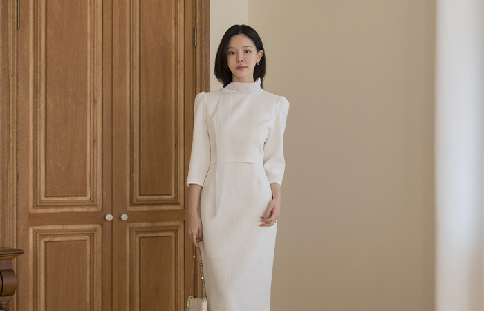 Ribbon neckline Two-piece Style Tweed H-line Dress