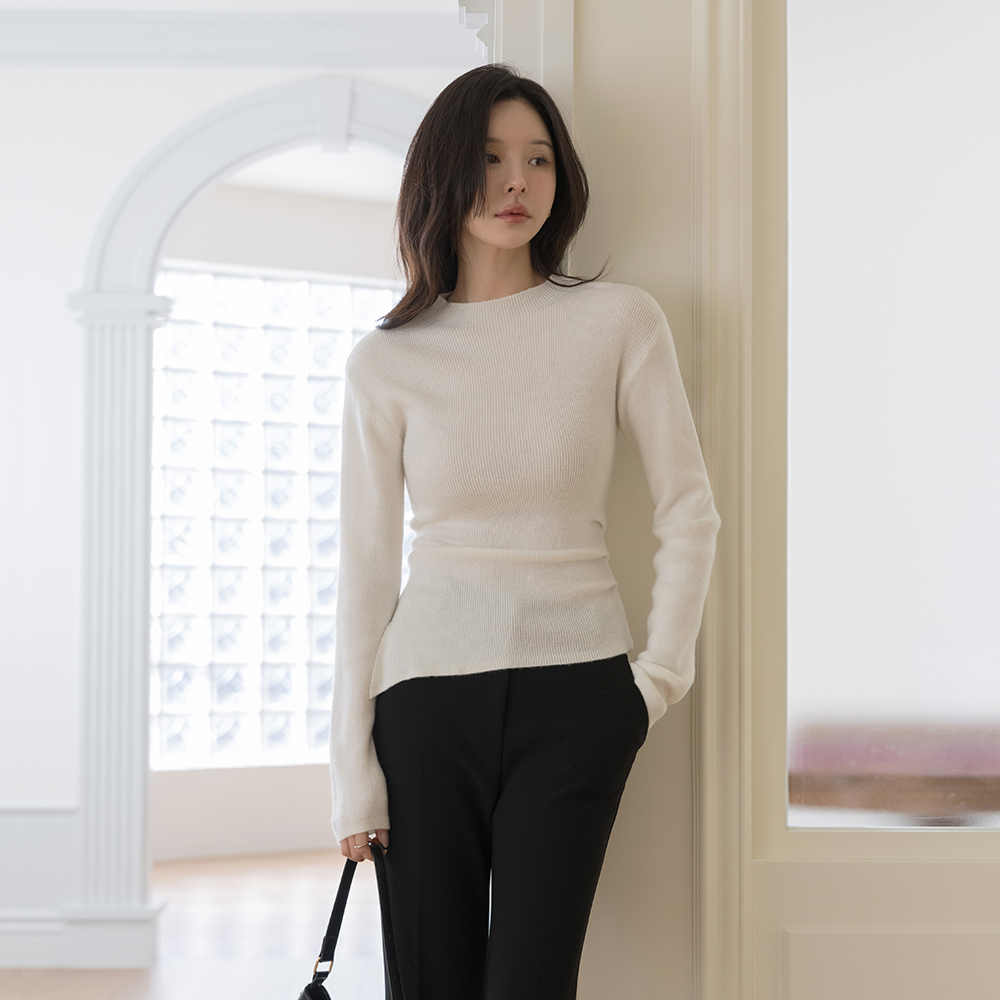 Half-Neck Corduroy Side Shirring Wool Unbalance Knit