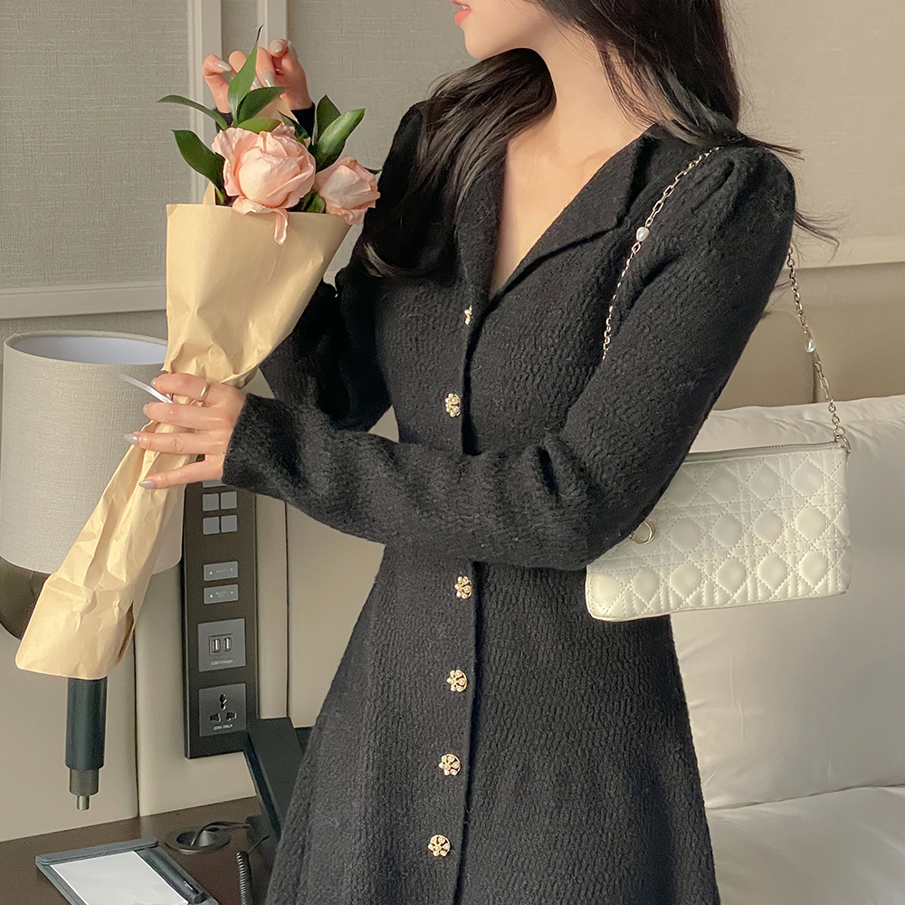 Open-Neck Puff A-line Knit Mini Dress