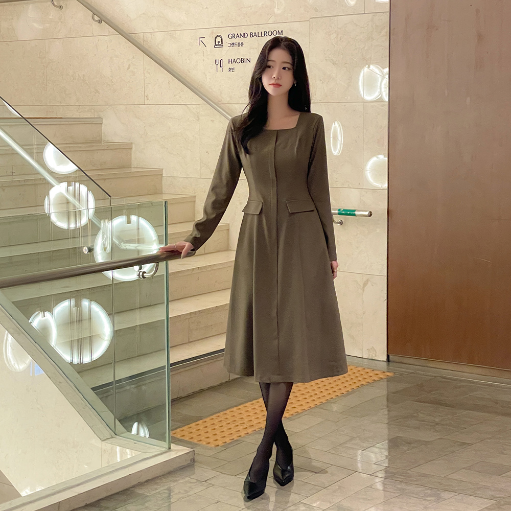 Square Neck Pocket A-line Dress(+Belt)