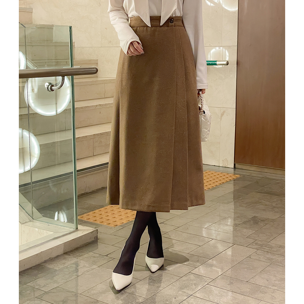 Wrap Button Wool Back Banding Long Skirt