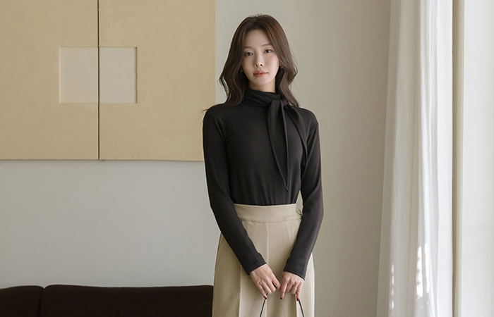 Scarf-Neck Angora&Wool Color T-shirt