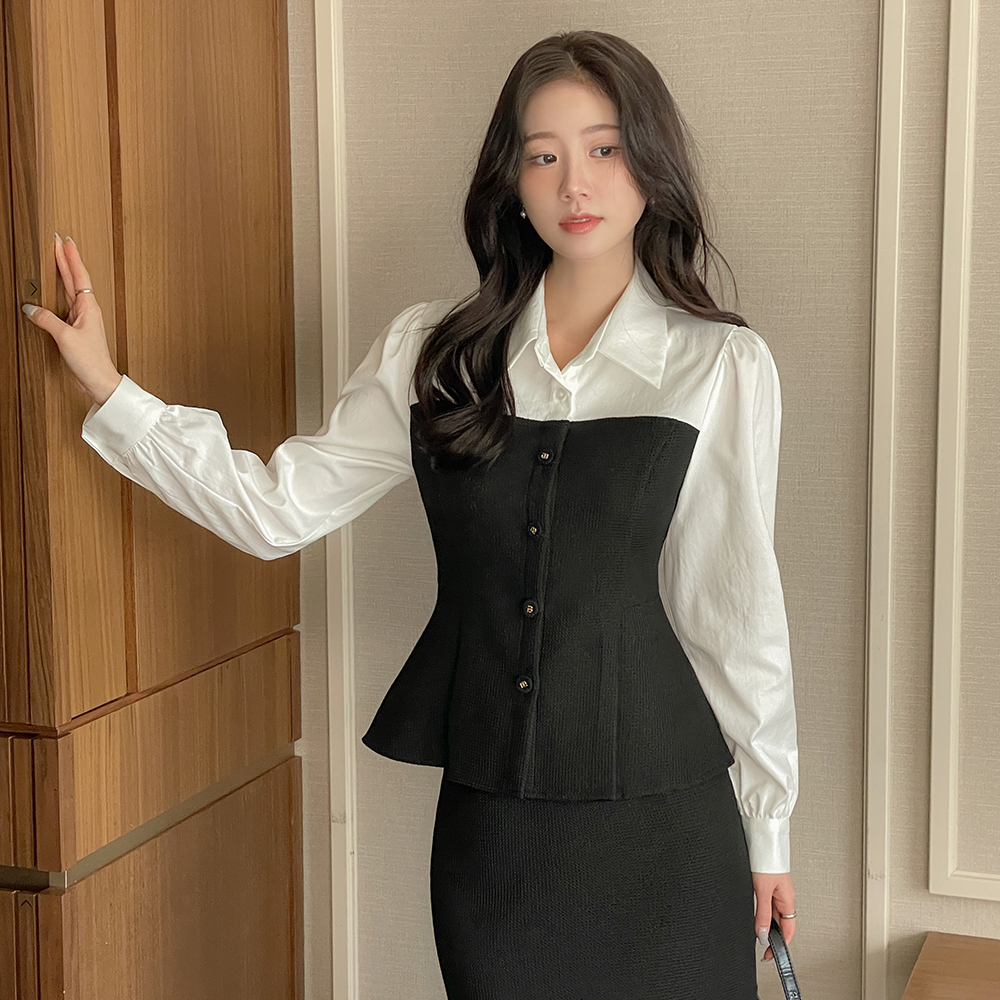 Anna Color Combination Tweed Set-up Blouse