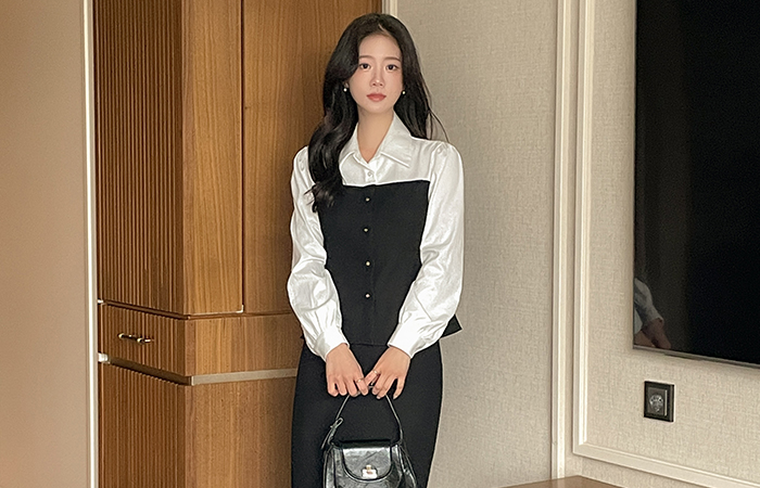 Anna Color Combination Tweed Set-up Blouse