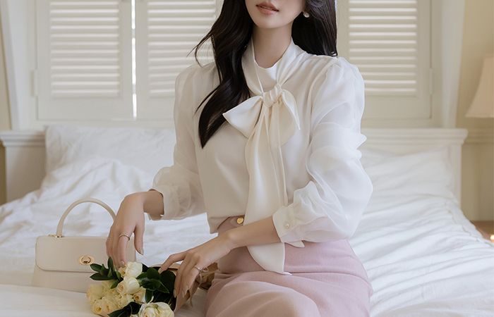 Double Volume Sleeves Elegance Tie Neck Blouse