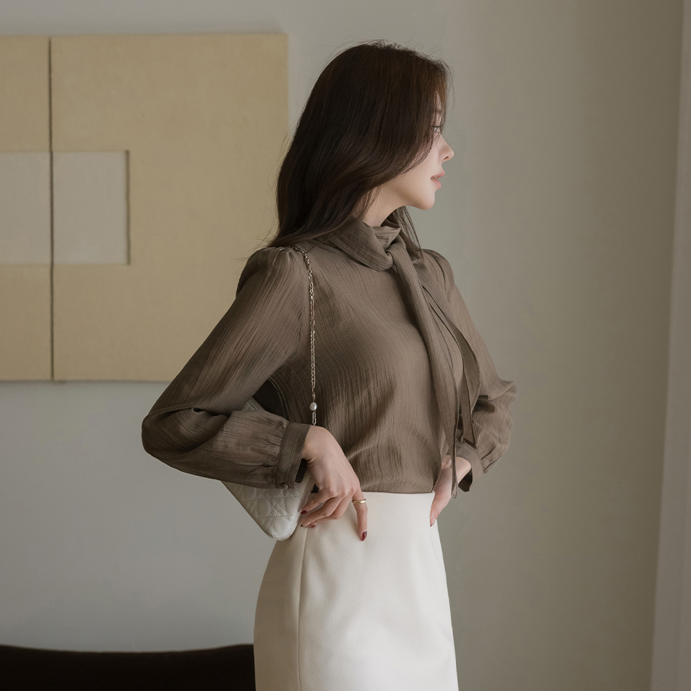 Scarf-Neck Tencel See-through Blouse