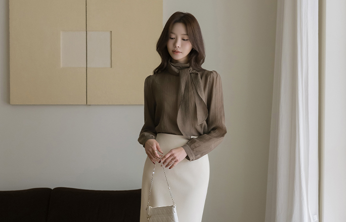 Scarf-Neck Tencel See-through Blouse